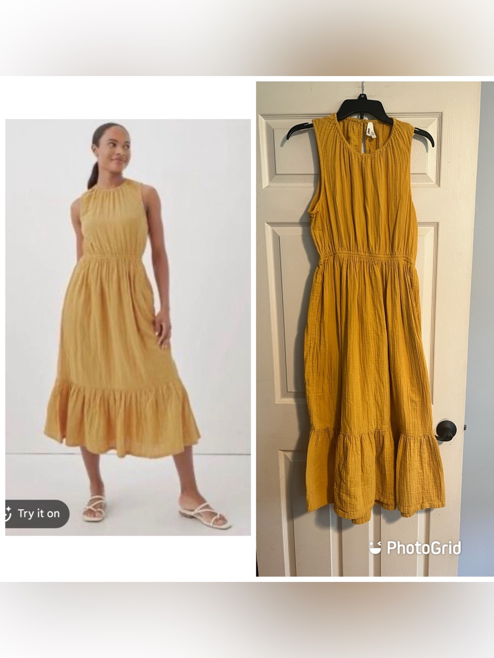 Pact Coastal Double Gauze Organic Cotton Tiered Dress Yellow Cutout Back Midi XL